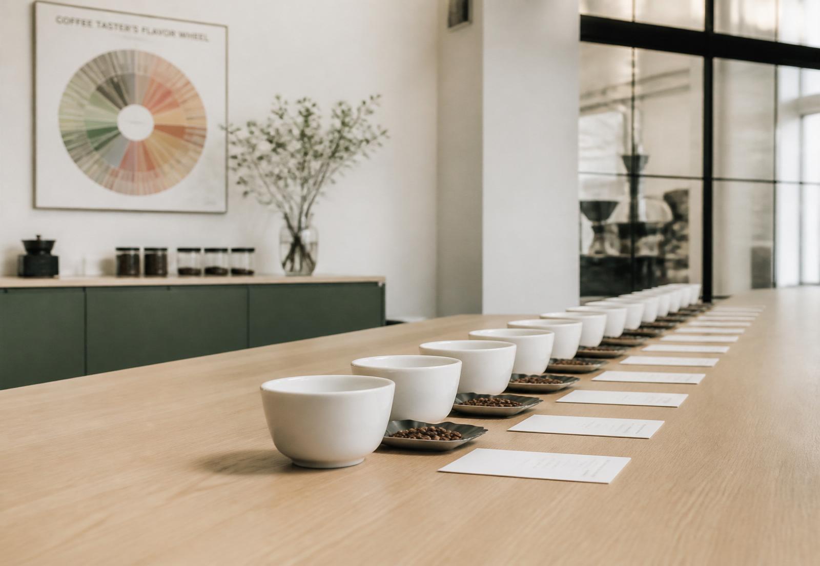 Modern coffee cupping lab with a row of white ceramic bowls
